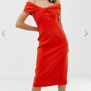 Red off-shoulder bardot dress